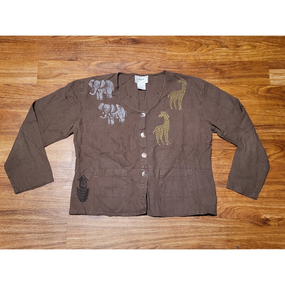 Vintags 90s Country Wear Casuals Linen Blend Safari‎ Animal Brown Button Up...